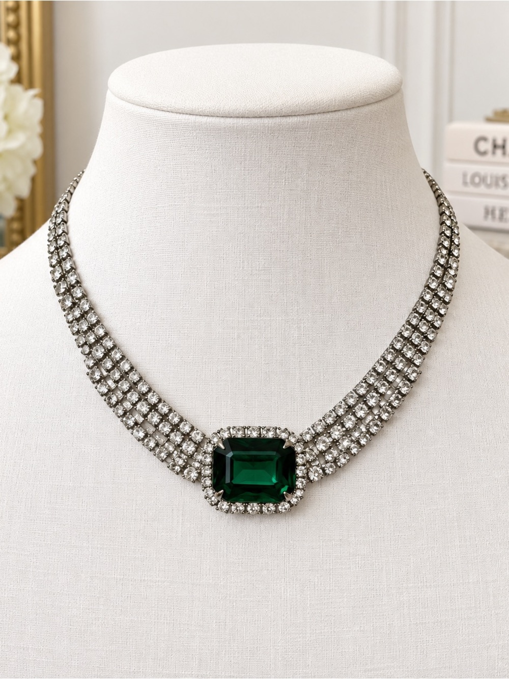 Vintage Rhinestone Emerald Green Statement Necklace Art Deco